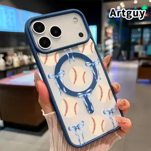 Magnetic Phone Case for iPhone 17 16  Pro Max Plus 15 14 13 12 11 Air E Ribbon and Baseball Pattern Pattern Transparent Acrylic Four Corner Shock-absorbing Airbag Hard Cover