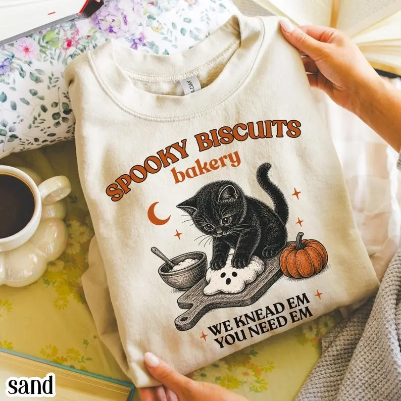 Kitty Biscuits Sweatshirt Spooky Season Sweater Black Cat Halloween Fall Pullover Vintage Baking Pumpkin Crewneck Cozy Cat Lover Fall Gift