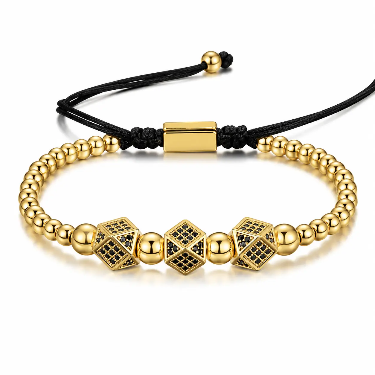 14k bracelets ，Unisex Gold Plated Dice Beaded Bracelet - Adjustable Black Cord CZ Crystal Punk Style Jewelry for Men & Women, adjustable bead bracelet，For Young Adults