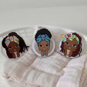 Cute Little Black Girl Magic Phone Grip, Adorable Melanin Girl Pop Socket, Aesthetic Phone Stand and Socket for Kids and Adults