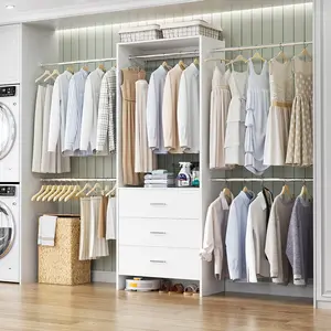 118" W Closet System with Drawers ＆ Hanging Rods, Adjustable Walk-in Closet Organizer System Wardrobe Clothes Garment Rack for Closets Laundry Room