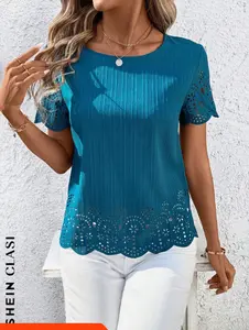 SHEIN Clasi Women Casual Burnout Round Neck Short Sleeve Shirt, Spring/Summer