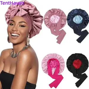 2026 double-layer satin nightcap with ribbon and round bow, imitation silk beauty hair cap, double-sided wearing