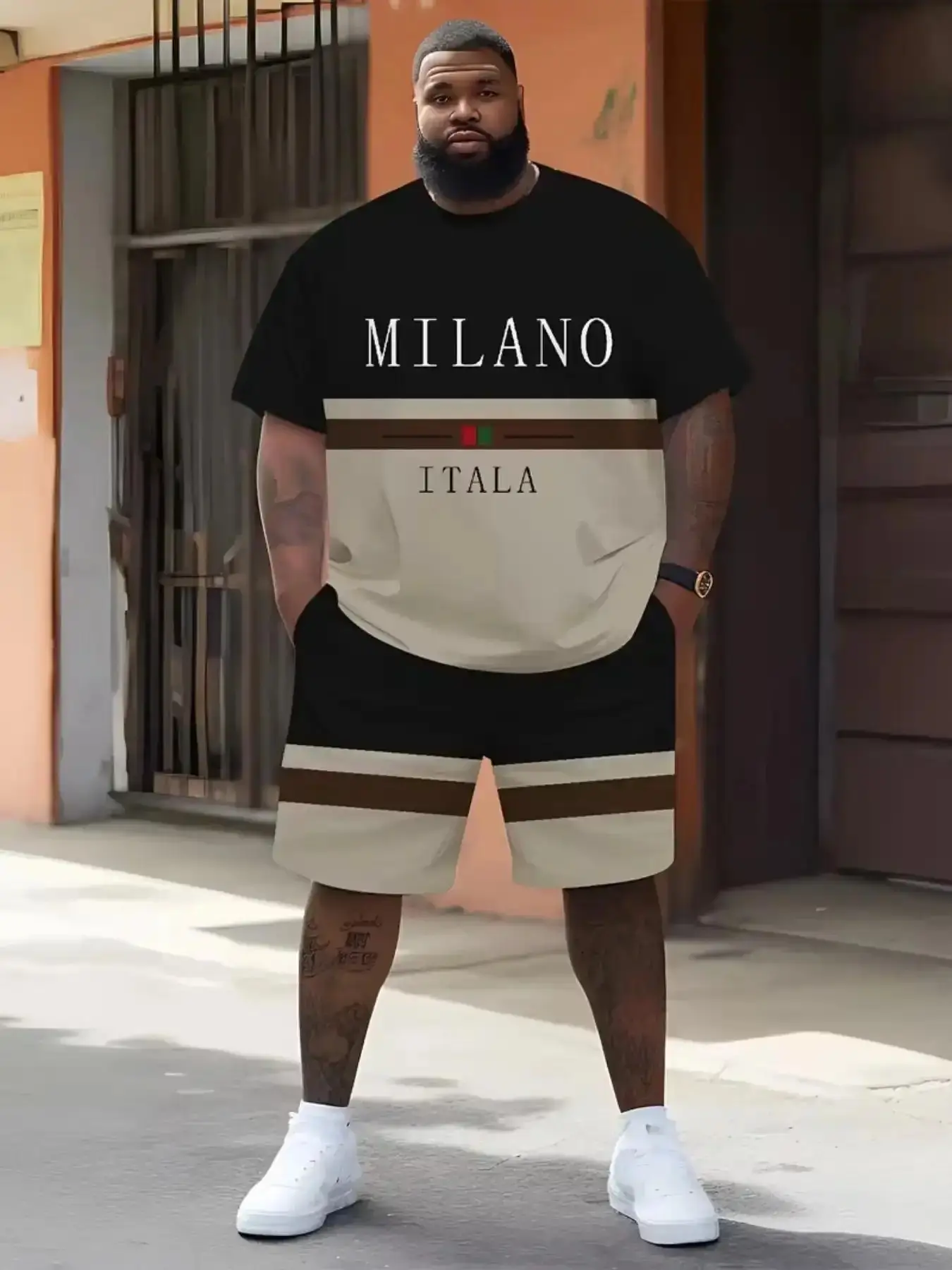 Men's Milan Italy Graphic Round Neck Tee and Shorts Matching Set, 3D Print Design, Casual Sporty Style, Drawstring Waist, Lightweight Fabric, Comfortable, Modern, Versatile, Trendy