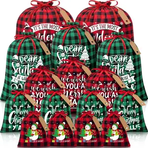 16 count Christmas Drawstring Gift Bags with Tags, Buffalo Plaid Large Xmas Gift Bags Assorted Sizes Bulk, Cotton Fabric Holiday Gift Bags  Medium Small Xmas Wrapping Bags for Presents Party Favors