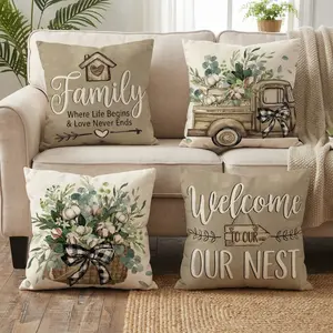 Set of 4 Decorative Spring Wreath Pillow Covers - Watercolor Wildflower Meadow & Sweet Home Linen Cushion Case for Farmhouse Decor Room Bedroom Sofa Chair Car 0201YJ Bedroom Decorative Accessories
