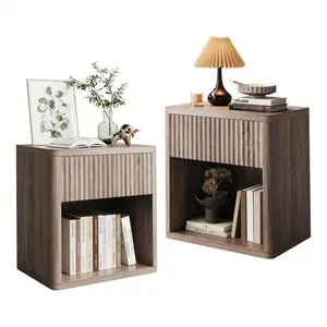 Gaomon 2-Piece Ribbed Texture Bedside Table Set, Modern Farmhouse Mid-Century Particle Board End Table with Drawer Storage for Bedroom, Living Room