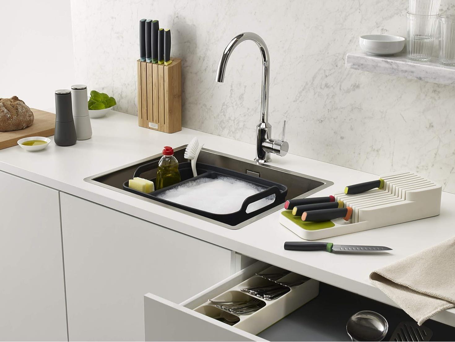 Grey Drawer Knife Organizer - Holds Up to 9 Knives, Compact Kitchen Storage & Drawer Organizer - Washable, Kitchen Knives