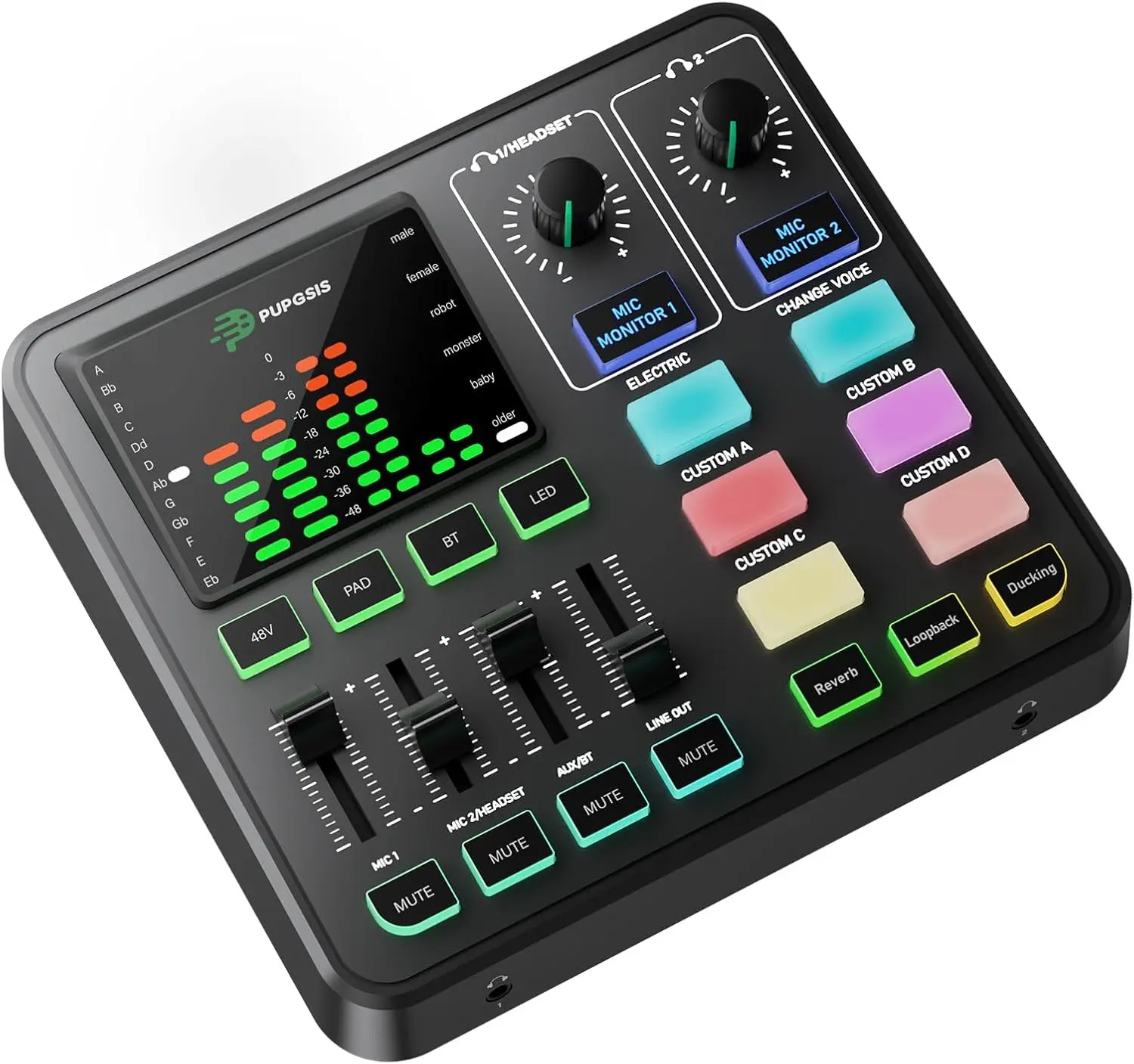 PUPGSIS Audio Mixer with Voice Changer, XLR/3.5mm Mic, DJ Effects, Bluetooth, 4-Channel Sound Card for Recording Smartphone