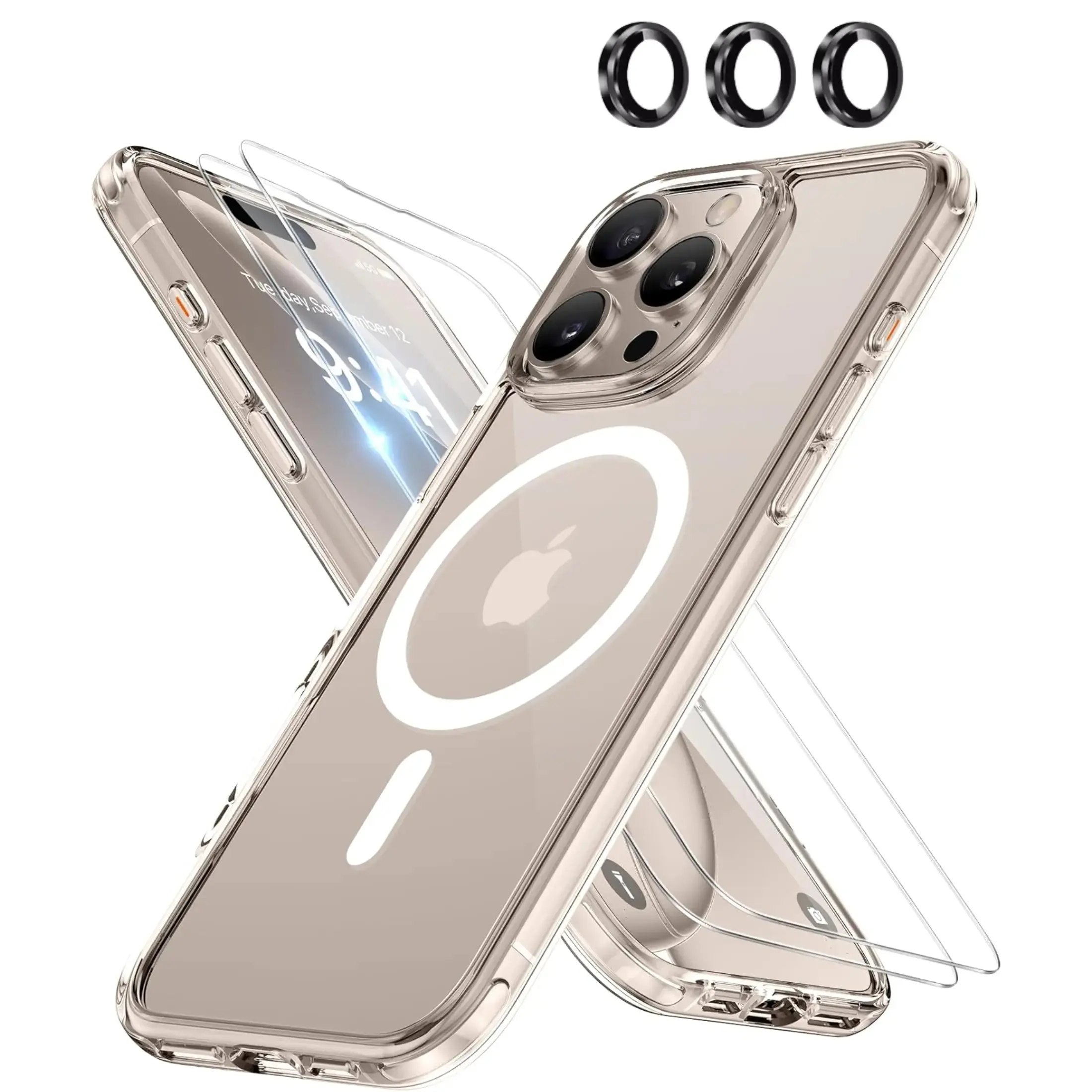 Entronix Bundle Compatible with iPhone 16 Pro Max - [Magnetic] Clear Case, 2 Clear Screen Protectors & 1 Metallic Camera Lens Protector