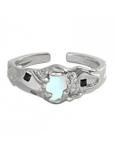 Korean Style Unique Design Micro-Set Zircon Moonstone Texture S925 Pure Silver Open Ring for Women, Elegant and Trendy Jewelry