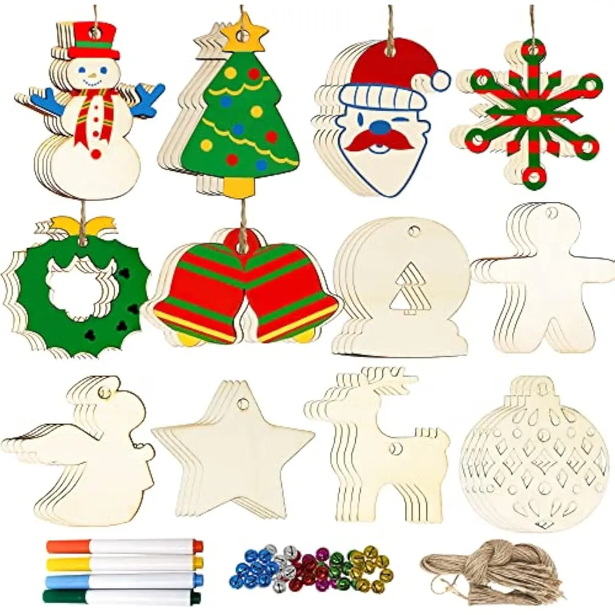 JOYIN 48 Pcs Christmas Wooden Ornaments Craft Kits, Unifinished Wood Slice for DIY Christmas Hanging Ornaments for Xmas Presents and Christmas Decorations