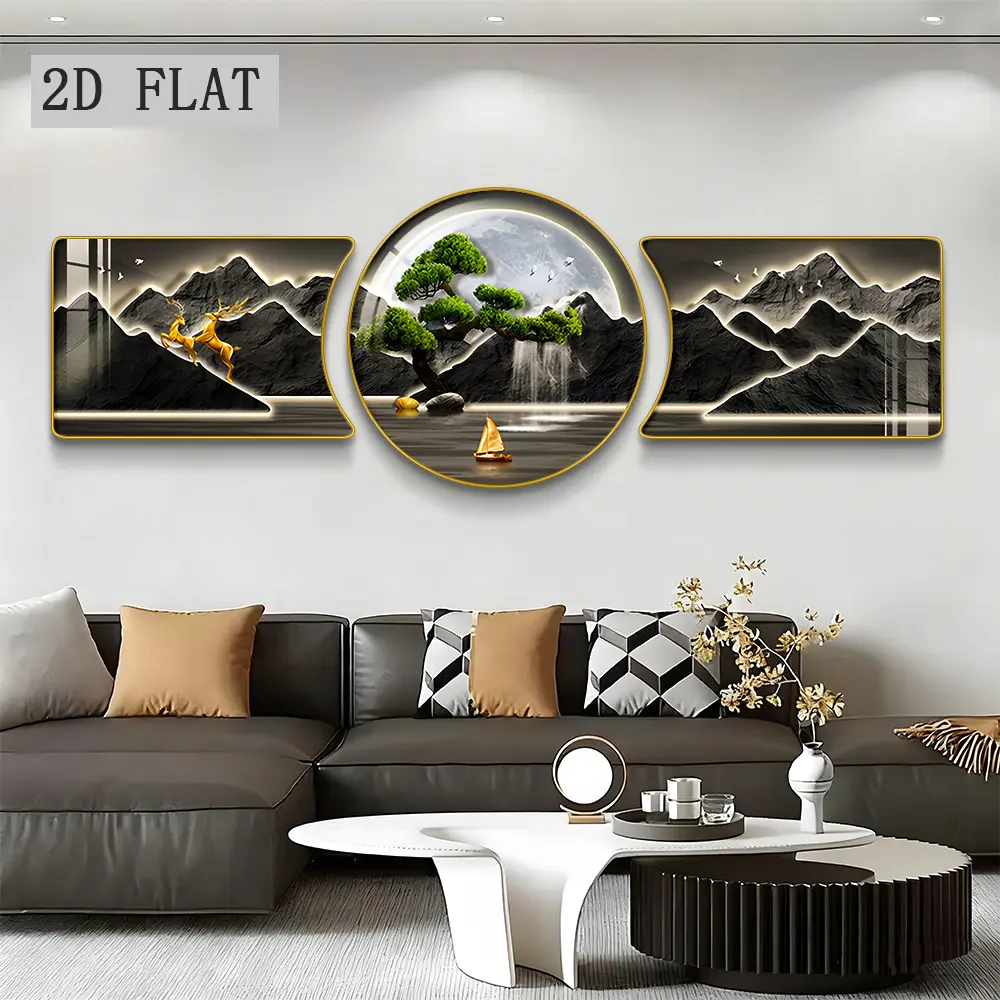 2D Flat, Set of 3 Decorative Wall Art, Minimalist Abstract Background Hangings, Large Sculptural Wall Decor, Circular Contemporary Paintings with Frames, Background Art for Home Decoration in Bedroom, Hallway, And Corridor