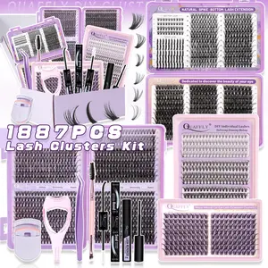 QUAFFLY Lash Clusters Kit 1887Pcs Manga Lash Clusters Kit with Spike+Bottom Lash Clusters for Natural Look with Bond&Seal Lash Remover Tweezer Dual-Ended Brush Lash Curler and Mascara Shield DIY at Home