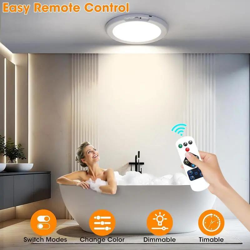 Rechargeable Ceiling Light 4-Pack, 3 Color Modes, Motion Sensor with Remote, Wireless Battery-Operated Magnetic LED Lights for Shower, Closet, Pantry, Shed, Hallway, Porch, Garage Rechargeable Ceiling Light 4-Pack, 3 Color Modes, Motion Sensor with Remote, Wireless Battery-Operated Magnetic LED Lights for Shower, Closet, Pantry, Shed, Hallway, Porch, Garage