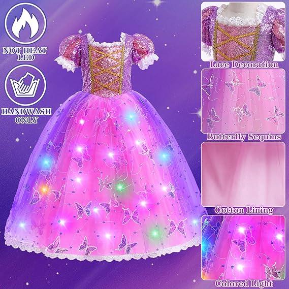 Valentines Day Gift 10pcs Rapunzel Dress-Up Set for Girls - Light-Up Princess Costume with LED Wig, Wand, Crown & Halloween Gifts for Toddlers