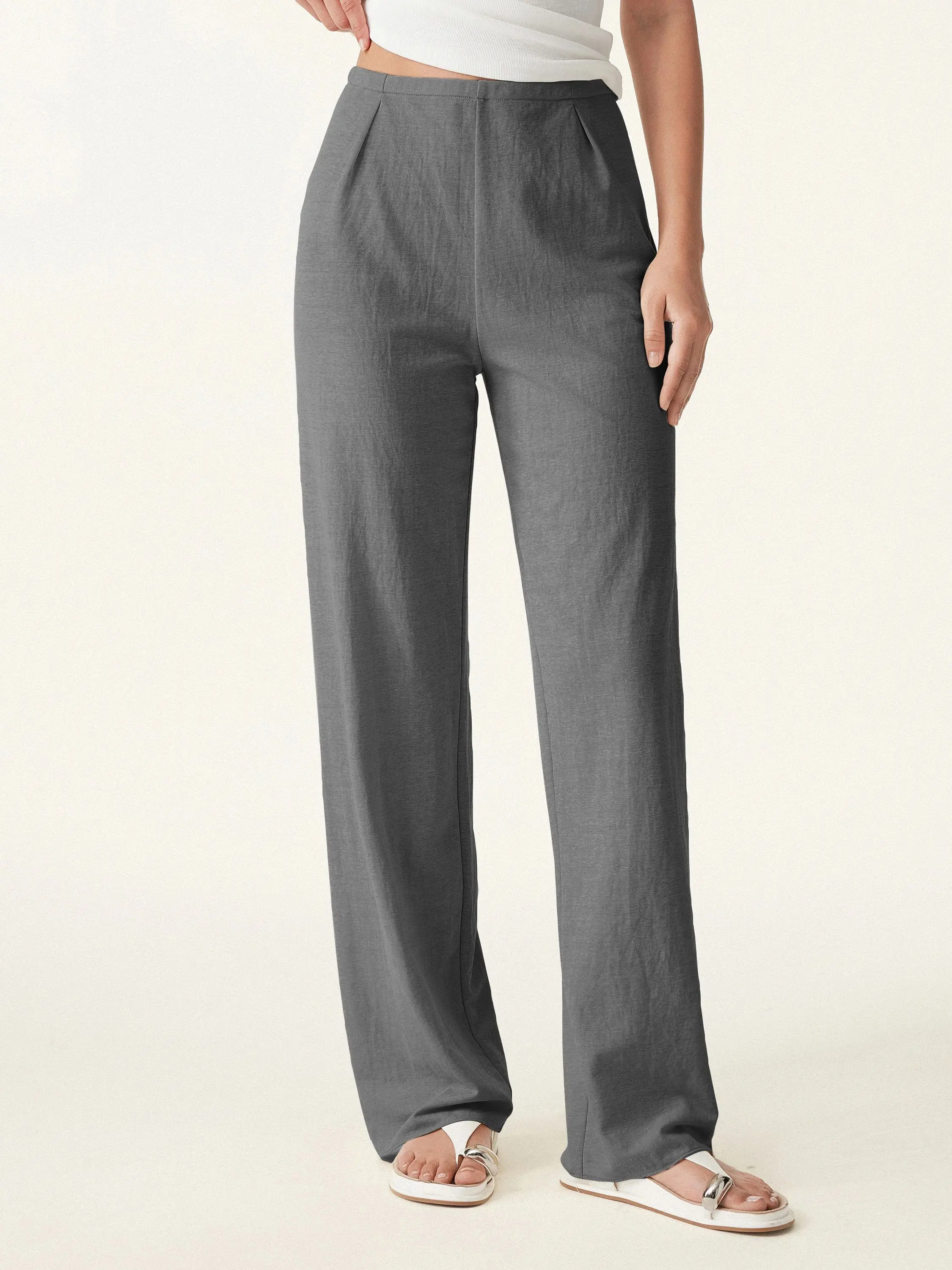 Breathable Cotton-linen Mid Rise Straight Leg Pant