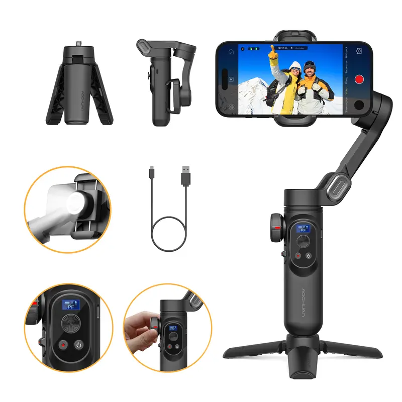 AOCHUAN Smart X Pro 3-Axis Handheld Gimbal Stabilizer Vlogging Kit, Phone Accessories Compatible with iPhone 15 Pro Max/Android Foldable, Auto Face Tracking, Wireless Charge, Anti-Shaking for Live Recording (1 Piece)