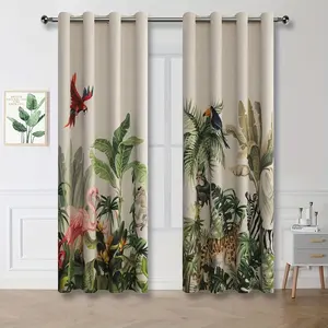 2pcs Tropical Jungle Curtains with Grommet Top, Wildlife and Plant Print Drapes for Living Room, Patio and Bohemian Decor
