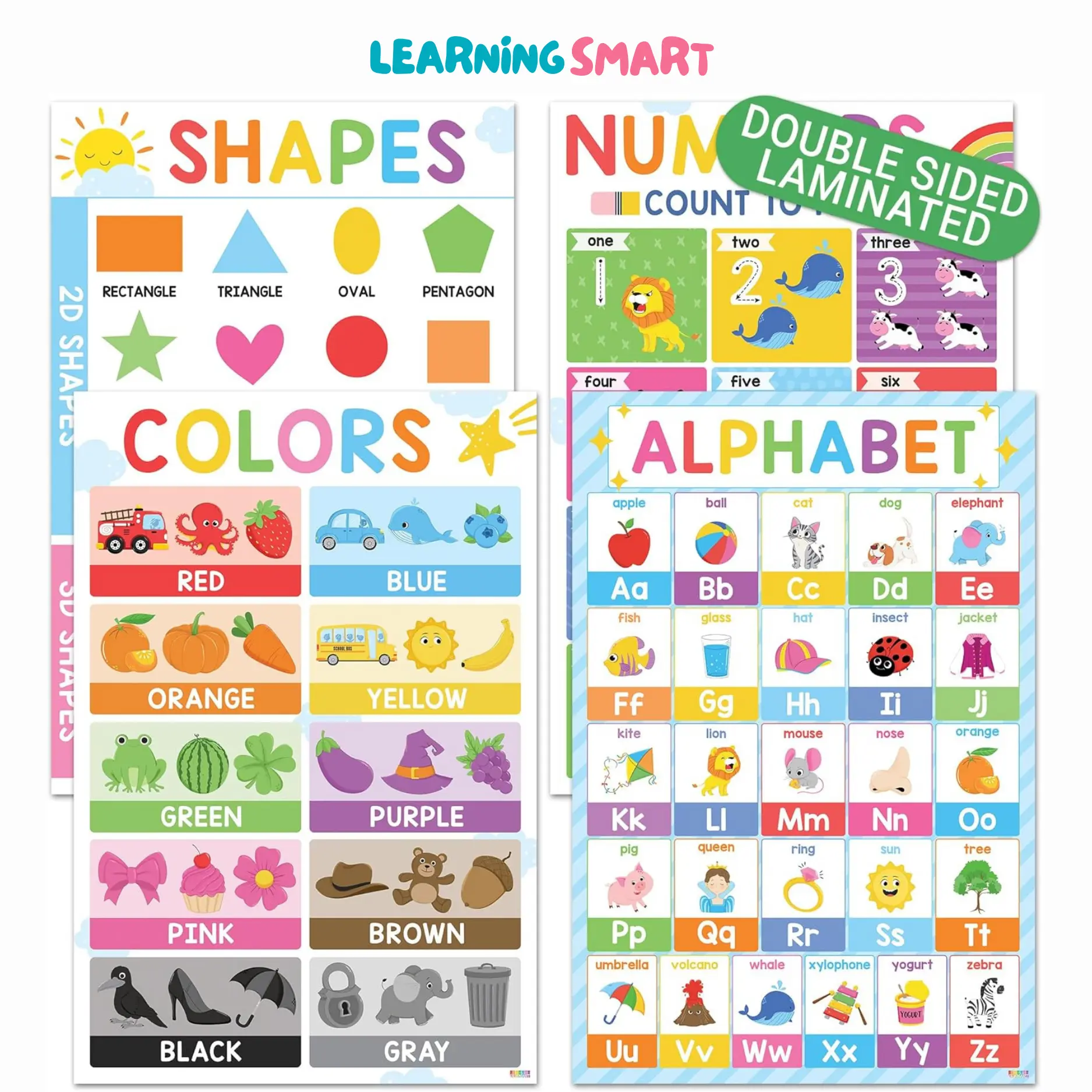 4-Pack 16'x24' Double Laminated Colorful ABC Alphabet Posters - Color Shape Number Charts, Preschool Visual Learning Tools, Classroom Supplies Charts, Durable Homeschool Office Stationery to Enhance Learning, Durability