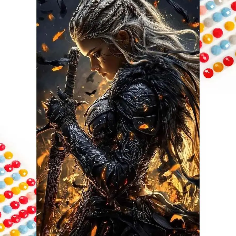 5D DIY Full Diamond Round Drill Painting - Diamond Painting Kit Crafts Diamond Pattern Design Warrior with Sword Mosaic Canvas DIY Wall Art, Home Wall Decoration