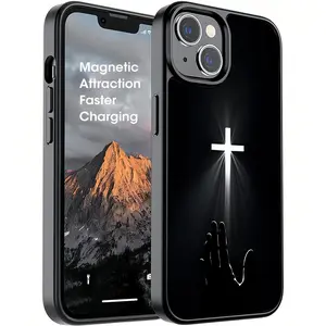 Solid Black Magnetic Case with Radiant Cross & Reaching Hand Silhouette Print,With For Iphone17 Pro Max, 16, 15, 14 ,13,12And 16Plus. It Makes A Perfect Gift For Birthdays, Holidays