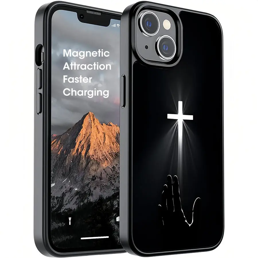 TPU Solid Black Magnetic Phone Case with Cross Radiating Light & Reaching Hand Figure Print for iPhone 17 Pro Max, 16, 16 Plus, 15, 14, 13, 12 – Ideal Birthday, Holiday Gift, Pro Max Series