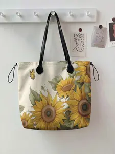 Sunflower Pattern 2D Printed Drawstring Tote Bag, Large Capacity Shopping Bag, Durable and Multipurpose for Work, Shopping, and Picnics, Commuter Tote Bag