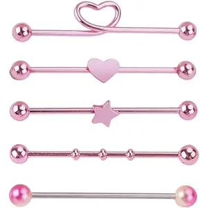 5Pcs 14G Pink Stainless Steel Industrial Barbell Earrings for Women Cute Star Heart Cartilage Industrial Bar 38mm Conch Helix Barbell Earring Industrial Piercing Jewelry