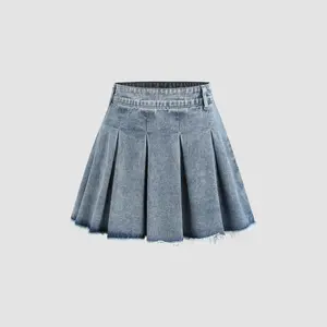 Cider [size 0-26] Denim High Waist Pleated Raw Hem Mini Skirt