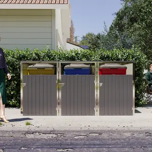 Durable Galvanized Steel Garbage Bin Shed with 3 Trash Cans Pneumatic Support Rods Lockable Doors Waterproof Lid Chain for Patio Garden Grey