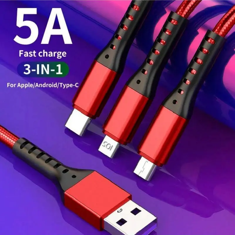 4ft Multi-Function Durable Charging Cable, Three-In-One Nylon Braided USB Charger, Universal Data Line with Type-C/micro/USB Ports