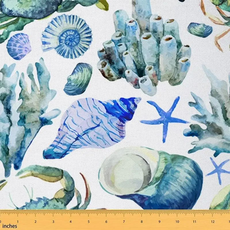 Shell Upholstery Fabric for Chairs,1 Yard,Coral Outdoor Fabric by The Yard,Marine Life Sealife Decorative Fabric for Upholstery and Home DIY Projects, Polyester, Apron