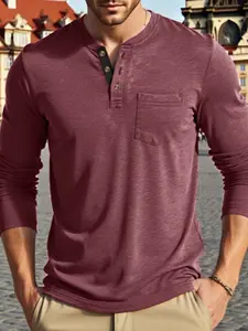 Men's Fashion Basic Classic Henley Long Sleeve T-Shirt, Solid Texture, Colorblock Three Button Design, American Urban Streetwear Casual, Breathable Top