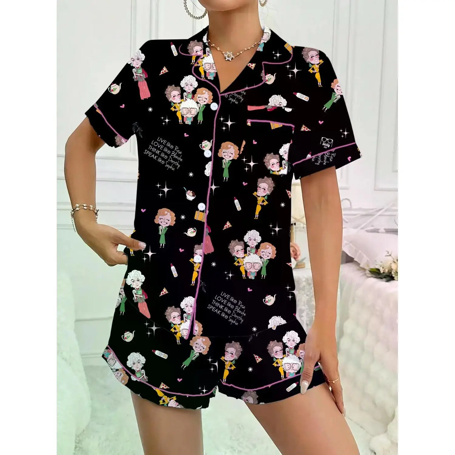 Golden Girls Character Pajama Set - Short Sleeve Top & Shorts, Comfy Loungewear, Perfect Party Gift, Year-Round Casual Nightwear