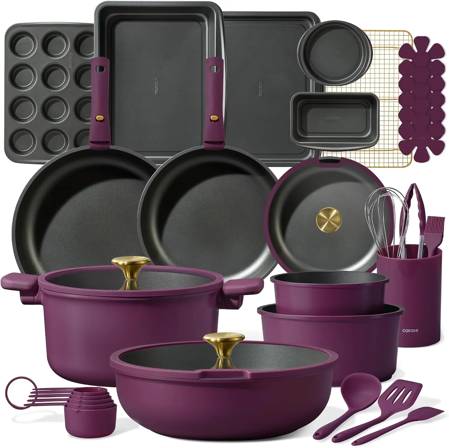 32pcs Pots and Pans Set Non Stick, Detachable Handle Cookware Sets | Bakeware and Kitchen Gadgets, Space Saving, Dishwasher & Oven Safe, Non-Toxic, for Camping/RV/Traveling, Purple