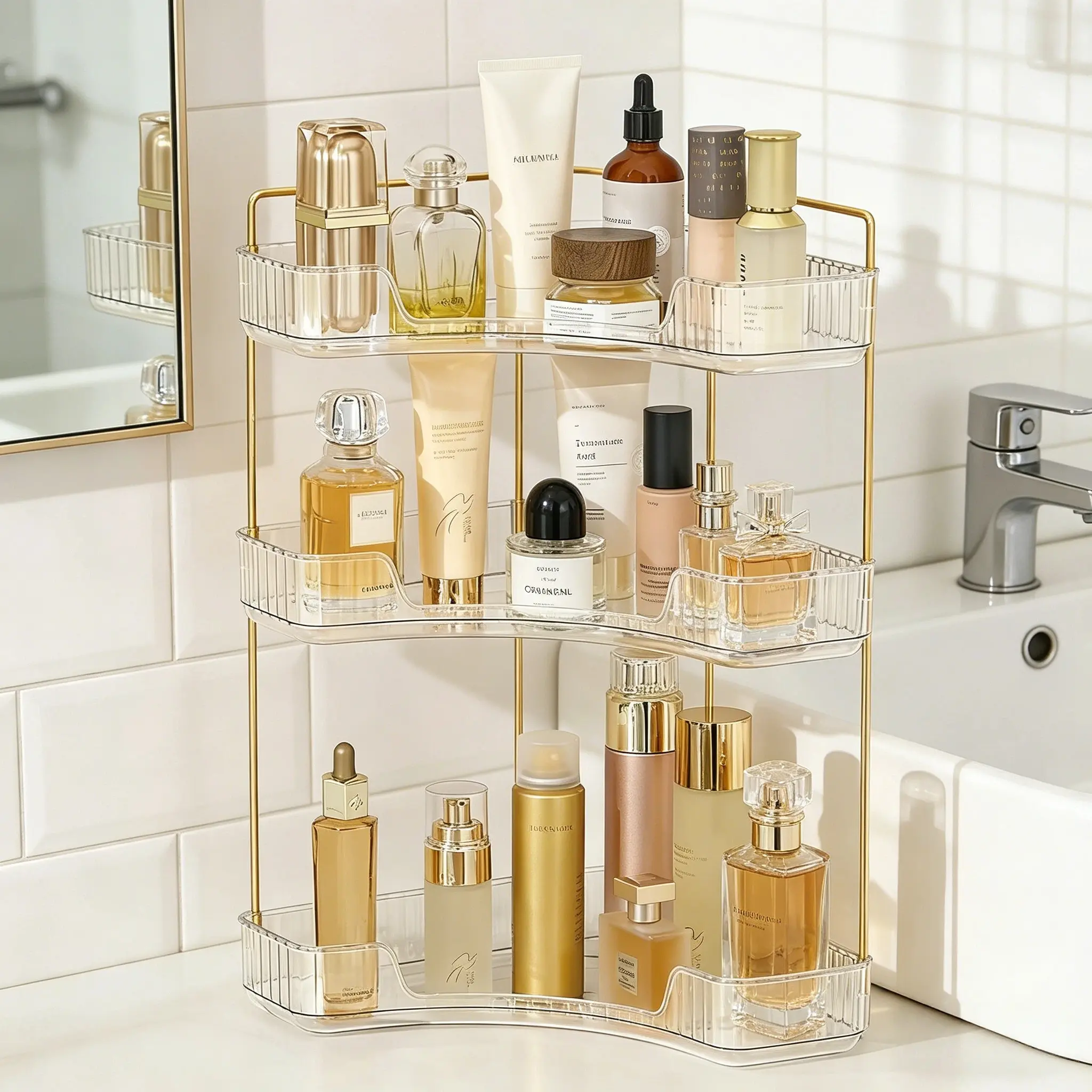 ABS 3-Layer Adjustable Corner Counter Organizer Storage Rack - 10x10x20in Modern Space-Saving Corner Shelf for Beauty Products, Fits Dresser & Bedroom, Ideal Gift for Girlfriend for Multiple Rooms