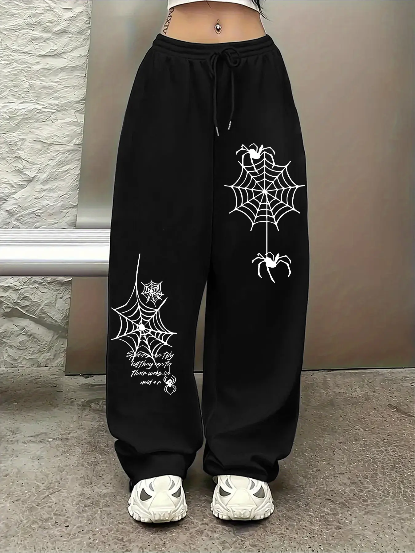 Black Oversized Loose Spider Web Graphic Knit Sweatpants for Women - Halloween Gothic Baggy Streetwear Pants with Drawstring Waist Womenswear Casual Streetwear Bottoms
