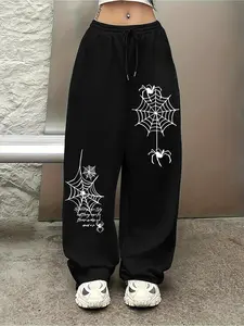 Black Oversized Spider Web Graphic Sweatpants for Women - Halloween Gothic Baggy Streetwear Pants with Drawstring Waist