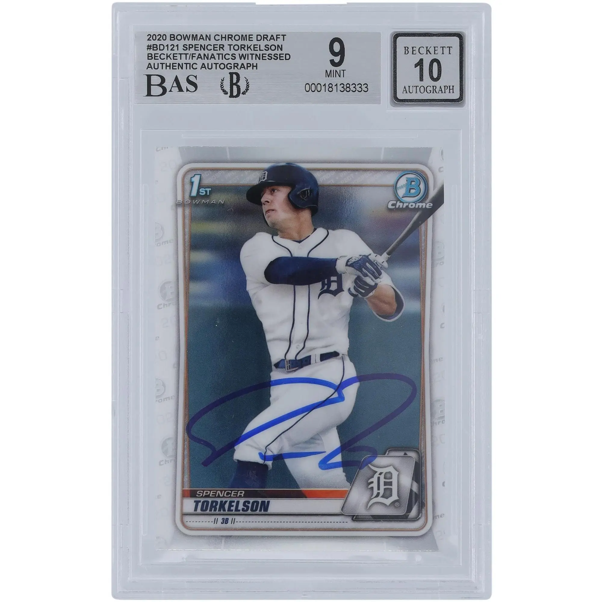Spencer Torkelson Detroit Tigers Autographed 2020 Bowman Chrome Draft #BD-121 Beckett Fanatics Witnessed Authenticated 9/10 Card - Fanatics Authentic Certified