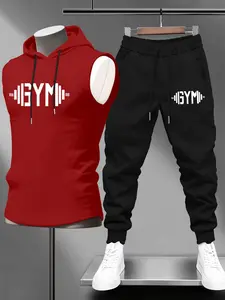 Men's Fitness Sportswear Set, Hooded Sleeveless Tank Top & Drawstring Waist Pants, Gym Barbell Print, Casual Outdoor Wear, Sweatsuit Set