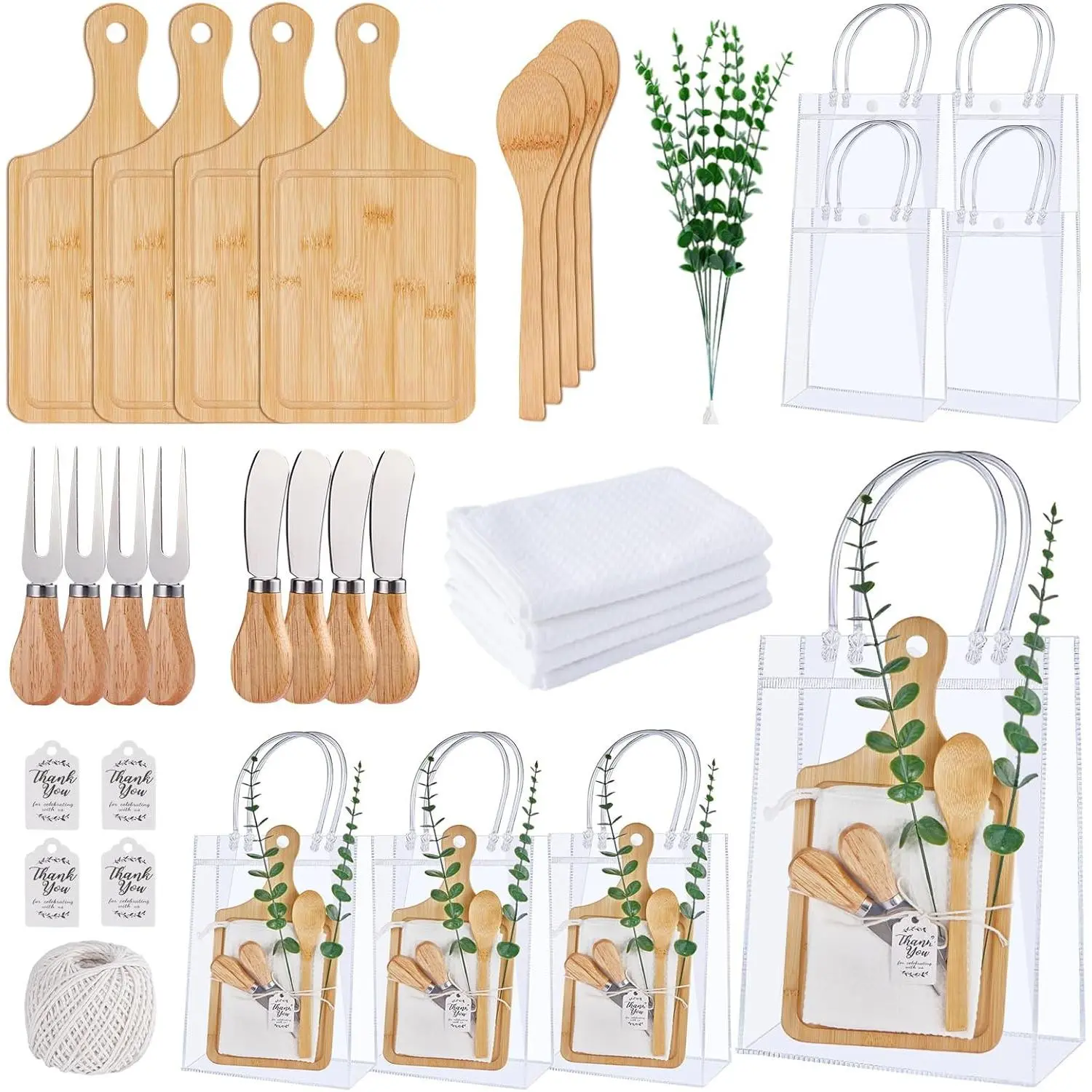 Baby Shower Prizes for Game Winners Bamboo Cheese Board Spoon Fork Butter Spreaders Plaid Towel Thank You Card and Gift Bags for Baby Shower Wedding Bridal Shower Favors (Bamboo, 4 Sets)