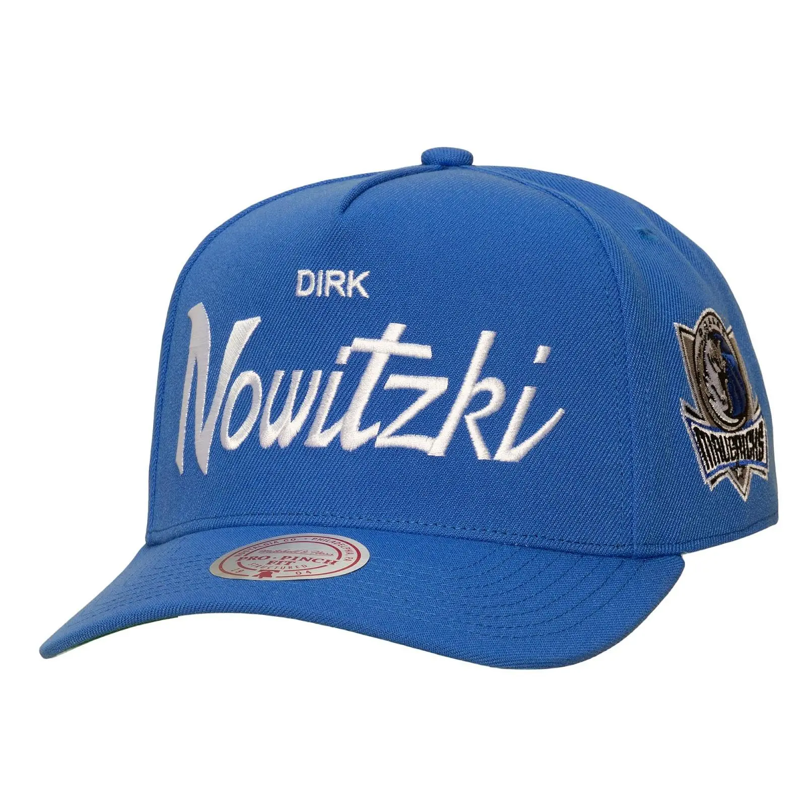 Dirk Nowitzki Dallas Mavericks Blue Hardwood Classics Player Script Pro Pinch Snapback Hat NBA Throwback Cap Adjustable Fan Gear Mitchell & Ness