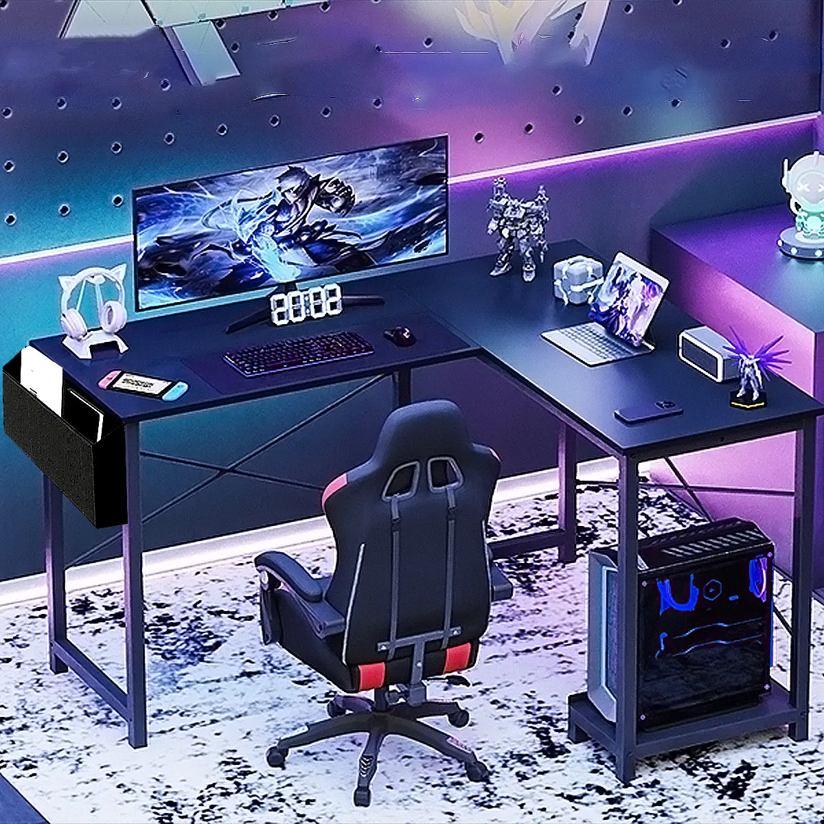 【Limited Deal 】L Shaped Gaming Desk Corner Computer Desk, Home Office Desks Writing Workstation with Storage Bag, Easy to Assemble (Black,50 Inch)