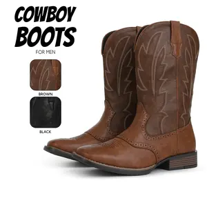 Cowboy Boots for Men Elegant Square Toe Western Vintage Embroidered Durable Chunky Block Heel Easy Pull on Gifts for Work Party Country Wedding Casual Dress Shoes