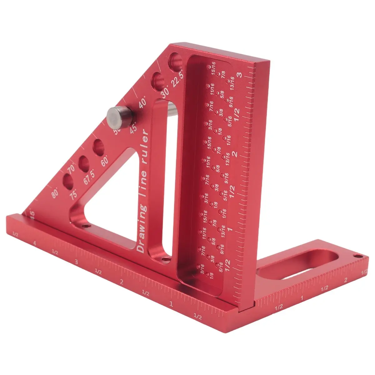 CNC Machined Aluminum Alloy Woodworking Triangle Ruler - In/cm Laser Engraved Scales, Height Gauge, Multi-Angle Scribe, Protractor with Angle Pin, Square Hole Grip for Woodworkers, Household Construction Use