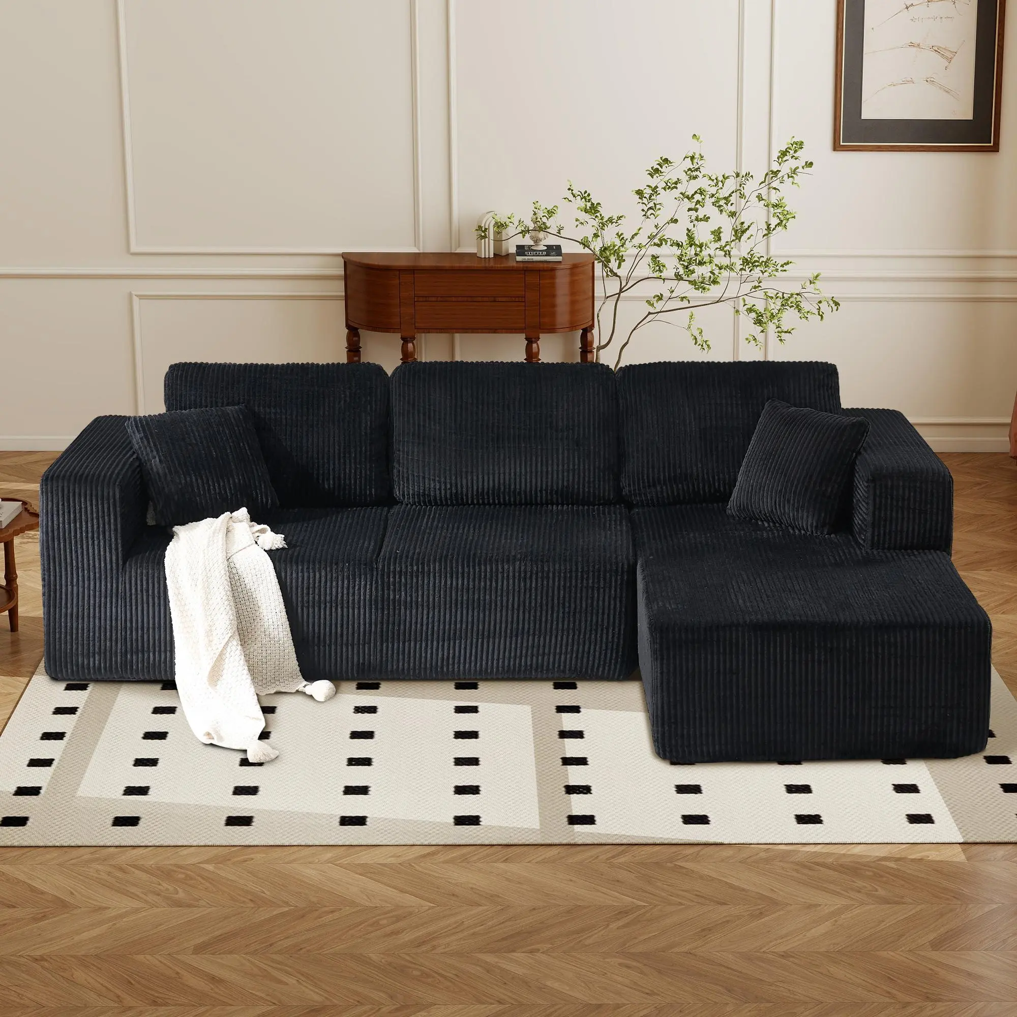 [2 Packages Shipping] EBELLO 111'' U-shape/L-shape Plush Corduroy Cloud Velvet Modular Sectional Sofa, Oversized Comfy 3-Seater Couch with Chaise & Ottoman, Flexible Configuration, No Assembly Required