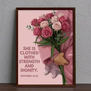 Proverbs 31:25 Wall Art, She is Clothed With Strength and Dignity, Christian Floral Print