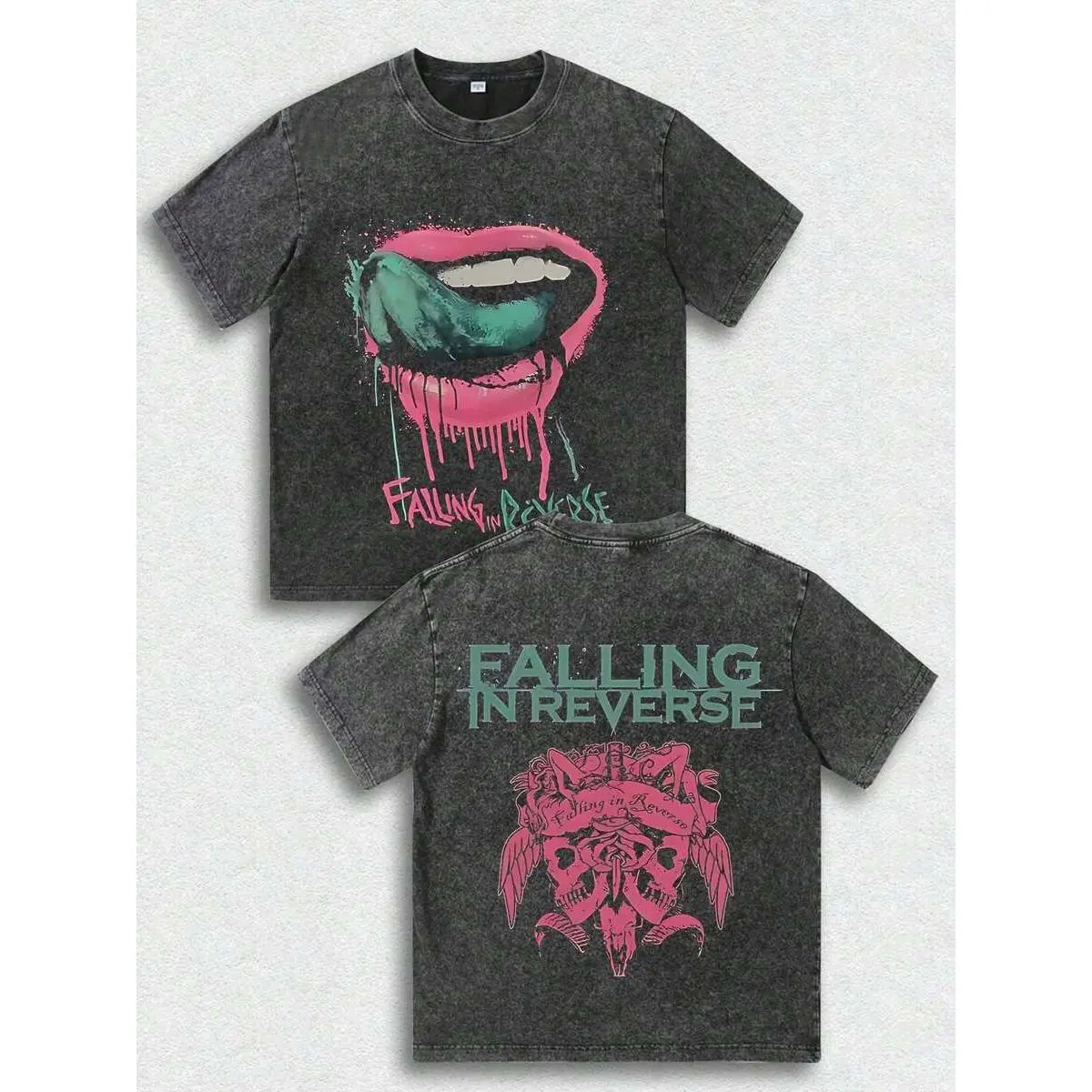 Unisex Falling In Reverse Vintage Washed Cotton T Shirt Crew Neck Short Sleeve Tee with Lips Skull Print Oversized Streetwear Band Tshirt for Men Women Wear