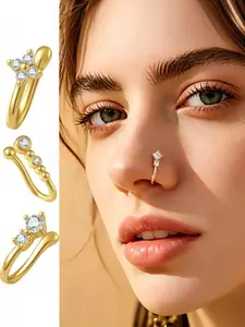 3-Piece Gold Nose Ring Set, Cubic Zirconia Inlaid Snap-on Nose Hoops, Hypoallergenic Steel Fake Nose Clips, Non-Piercing Body Jewelry for Women and Girls for Everyday, Party, Festival